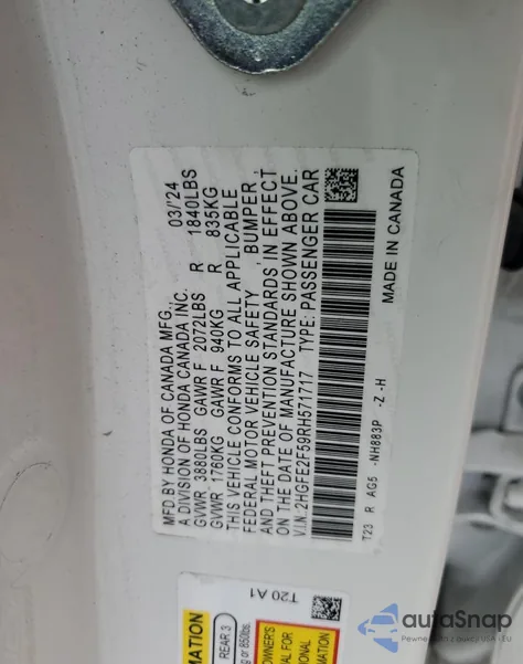 2024 Honda Civic Sport from USA, damaged, VIN 2HGFE2F59RH571717